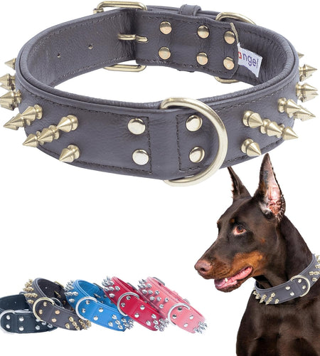 Genuine Leather Spiked Dog Collar | Multi- Line Metal Spikes | Soft and Strong Padded Leather | Stainless Steel | 2 Dee Rings | Multiple Sizes | Amsterdam Spiked Collection by
